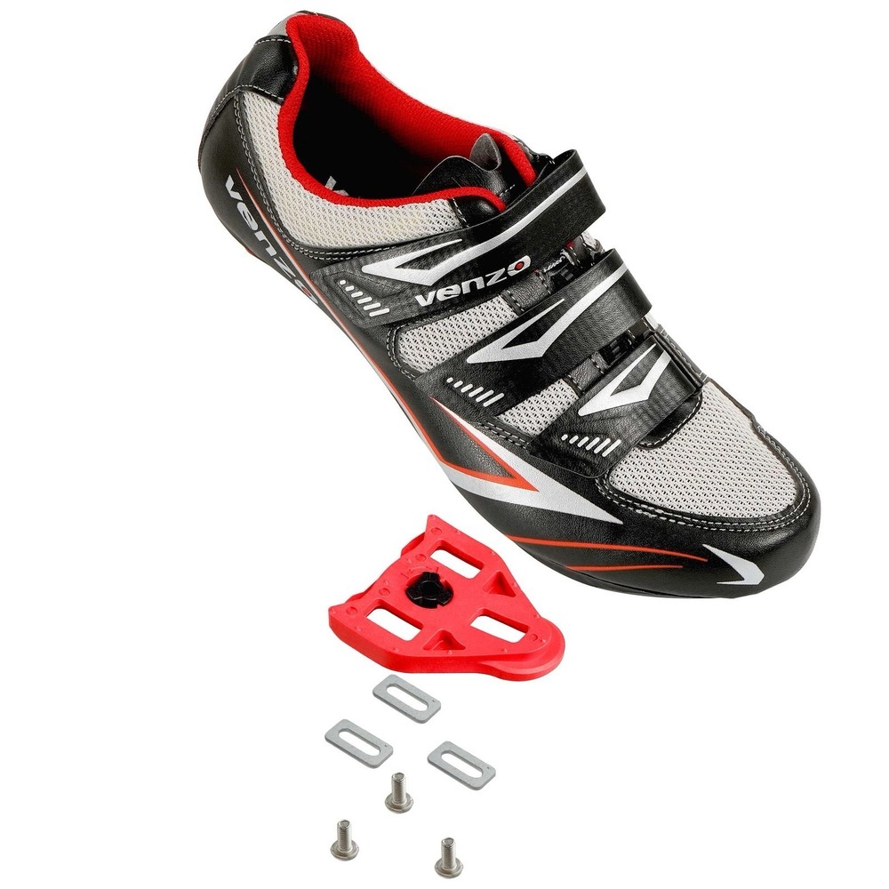 Venzo Road Cycling Shoes Black Silver Red Cleats Mens 9.5 Womens 11 EU 44
